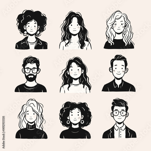 Diverse Portrait Collection: A meticulously crafted collection of nine unique illustrations, each depicting a different individual.
