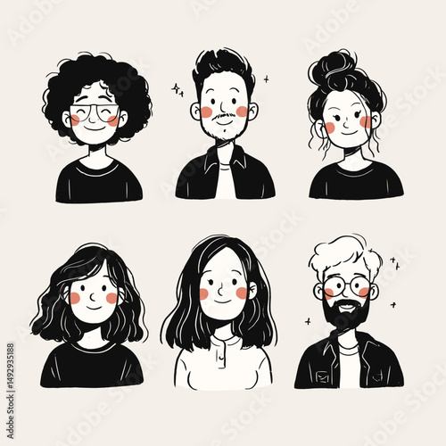 Expressive Faces: A captivating collection of hand-drawn faces, each with its own unique expression and style, brought to life with a clean line art aesthetic.