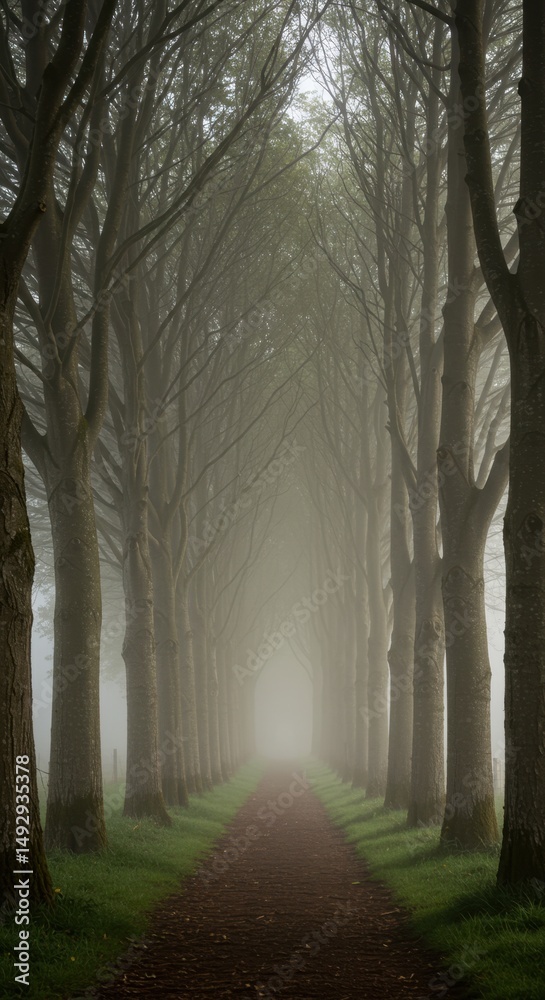 Obraz premium Misty Path Through a Tunnel of Trees: A Serene and Enchanting Forest Walk