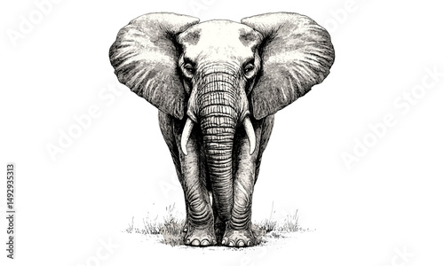 Engraved Elephant in Savanna, Hand-drawn Wildlife Art, Black Sketch Effect, Rustic Safari Decor, Vintage Animal Illustration, Old Engraving Style, African Wildlife, Trendy Safari Wall Art