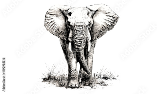 Black Sketch of Elephant Walking Through Savannah, Engraved Safari Animal Art, Detailed Nature Drawing, Vintage Wildlife Print, Rustic Animal Illustration, Trendy Wildlife Decor