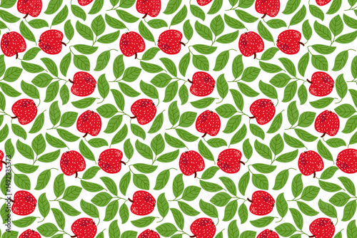 Seamless Apples Background. Red Apples with green leaves. Red vivid jucy apples vector. Summer apple orchard. Hand drawn illustration. Repeated template for textile, wrapping paper, wallpaper, scrap.