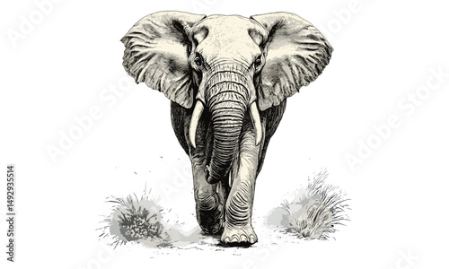 Hand-drawn Elephant Walking Through Savannah, Vintage Wildlife Print, Rustic Animal Illustration, Black Sketch, Detailed Nature Drawing, Trendy Safari Animal Art, Wildlife Decor
