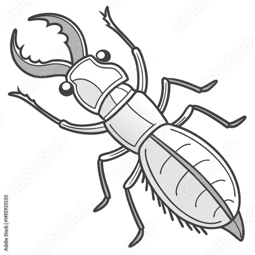 Illustration of a Stag Beetle with Large Mandibles in Grayscale Tones