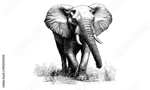 Engraved Elephant Walking Through Savannah, Vintage Wildlife Print, Rustic Animal Illustration, Detailed Nature Drawing, Black Sketch Effect, Trendy Safari Art, Wildlife Decor