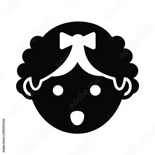 Illustration of a wide eyed girl with curly hair and a bow