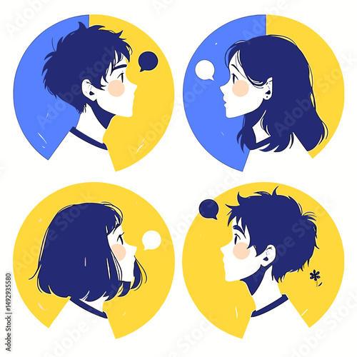 Intimate Conversation: Four artful depictions of young individuals engaged in a heartfelt discourse.