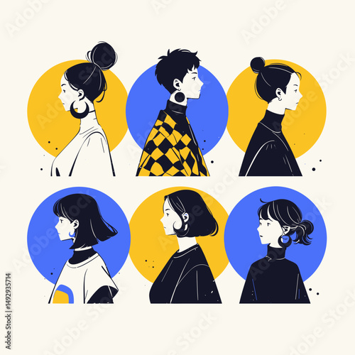 Six Stylish Individuals: Collection of six minimalist illustrations, showcasing diverse individuals in profile view, each with unique hairstyles and fashion choices, set against contrasting circles.