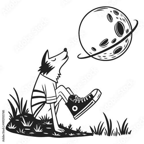 Lone Wolf and the Ringed Moon Converse, a Whimsical Dream in Monochrome