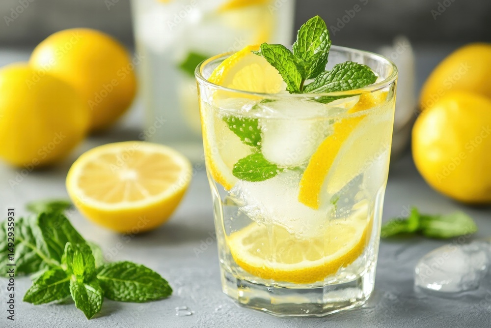 Fototapeta premium Lemon drink with mint and ice cubes
