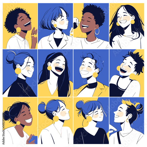 Radiant Smiles: A grid of twelve diverse woman, each radiating joy with genuine smiles and expressions, framed in a unique, modern aesthetic.
