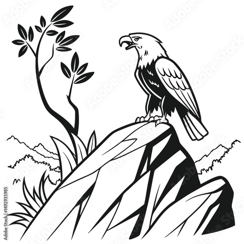 Majestic Eagle on a Rocky Perch Observing its Domain in Black and White