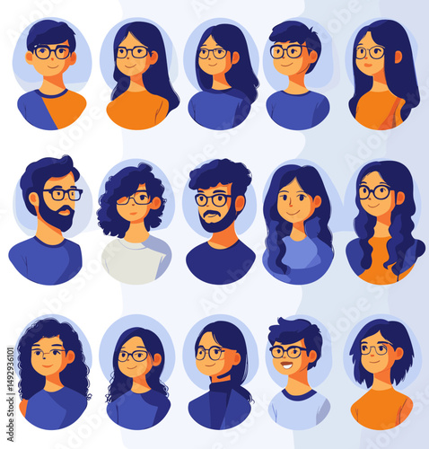 Diverse People: A vibrant compilation of diverse individuals, each illustrated with unique features and expressions, showcasing a spectrum of personalities and styles, against a soft backdrop.