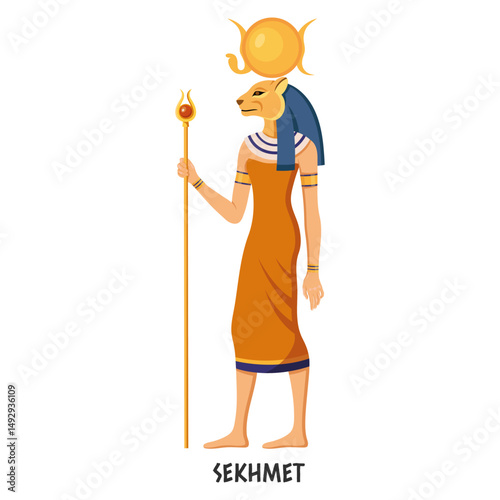 Egyptian goddess Sekhmet with lion head, traditional attire, holding staff, flat style on white background. Concept of ancient Egypt god. Vector illustration