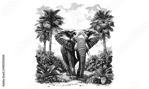 Detailed Safari Animal Art, Engraved Elephant Illustration, Vintage Black Sketch, Rustic Wildlife Decor, Jungle Trees Design, Safari Wall Art, Nature Print, Trendy Black Art.