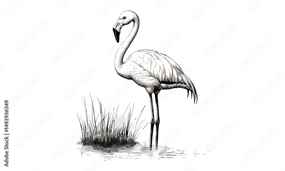 Fototapeta premium Engraved Flamingo in Water, Vintage Animal Art, Black Sketch Style, Tropical Bird Illustration, Rustic Wildlife Decor, Hand-drawn Flamingo, Retro Sketch, Exotic Art, Nature Print, Trending Artwork