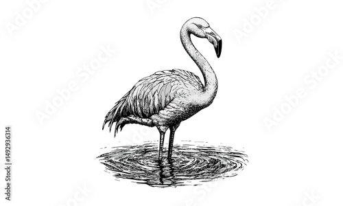 Vintage Engraved Flamingo, Tropical Bird in Water, Hand-drawn Animal Art, Black Sketch Effect, Retro Wildlife Illustration, Rustic Flamingo Art, Nature Wildlife Print, Bird Lovers Decor
