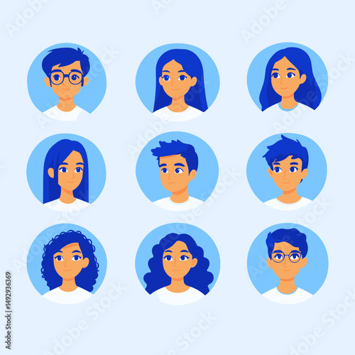 Diverse Portraits: A collection of diverse, stylized portraits, each set within a serene blue circle, embodying a range of ages and cultural backgrounds.