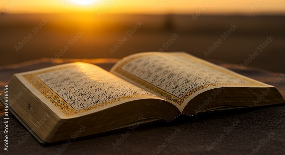 Obraz premium Open Book with Arabic Text at Sunset