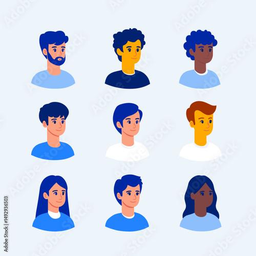 Diverse Portraits: A collection of nine vibrant illustrations showcasing a variety of individuals, each with unique features and styles. A modern representation of human diversity.