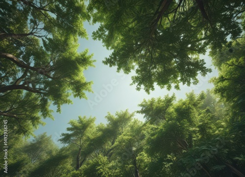 Blurred green forest canopy, indistinct shapes, fuzzy texture, nature backdrop,  calming,  environment