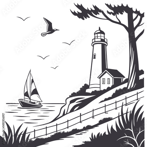Monochrome lighthouse on a cliff with sailboat and flying birds illustration