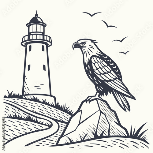 Monochrome vector illustration of a lighthouse with an eagle on a rock formation