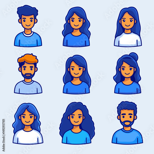 Digital Avatar Collection: A vibrant collection of diverse digital avatars with varying hairstyles and expressions, representing individuality and online personas.