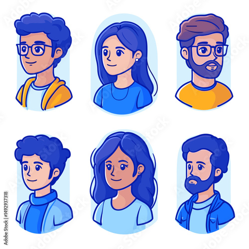 Diverse Avatar Set: Collection of six unique cartoon avatars representing diverse individuals, perfect for online profiles or graphic design projects.  Each avatar showcases distinct hairstyles.