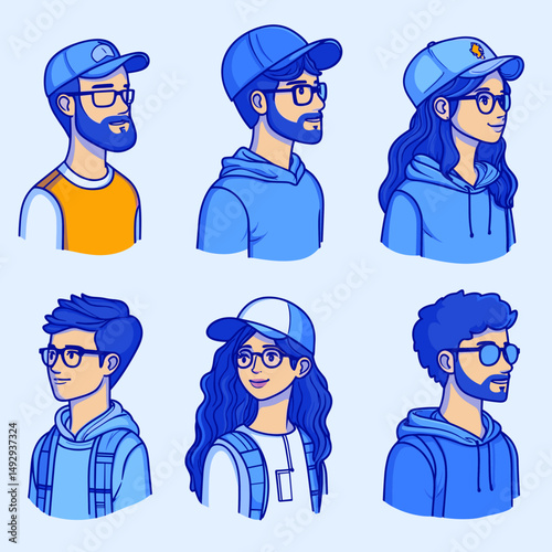 Blue Avatar Collection: A collection of stylized blue avatars, each personifying the diversity of modern individuals. Showcasing distinctive characteristics.
