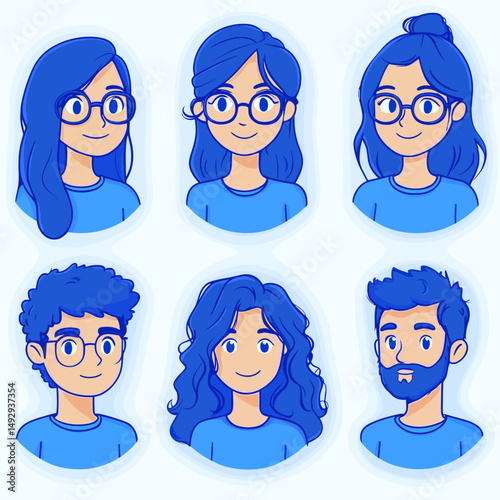 Portrait Collection: A captivating collection of diverse faces, each person artfully rendered in a striking blue and white palette, radiating individuality and charm.