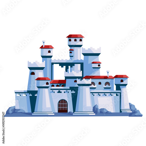 Large medieval fortress with red rooftops, stylized graphic style, isolated on white background. Concept of historical architecture. Vector illustration