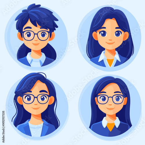 Avatar Collection: A set of charming and versatile cartoon avatar illustrations featuring individuals with glasses and elegant dark hair, ready to enhance your visual projects.