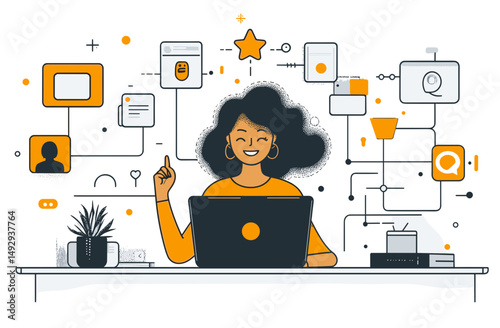 Woman working on laptop with digital marketing concept illustration