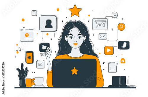 Digital Weaver: A graphic illustration captures a woman at work with technology. The woman is shown diligently working on a laptop, her focused gaze hinting at her passion for digital.