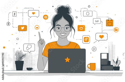 Social Media Maven: A stylish woman uses a laptop amidst social media icons, symbolizing digital connectivity and online influence, rendered in an illustration.