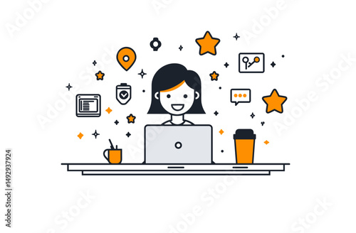 Digital Workspace: A vibrant digital illustration featuring a person engrossed in their work on a laptop. The artwork radiates positivity, creativity, and technological prowess.