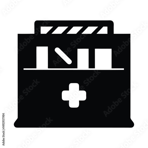 Simple black and white first aid kit silhouette on a white background