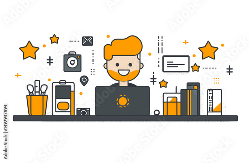 Creative Professional at Work: A happy, bearded man sits at his desk, surrounded by design elements such as stars, cameras, and stationery. The illustration represents creativity.