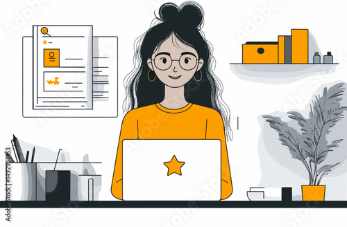 Digital Workspace Serenity: A woman with glasses is deeply absorbed in her work. The vibrant scene highlights a harmonious blend of technology and personal touches.