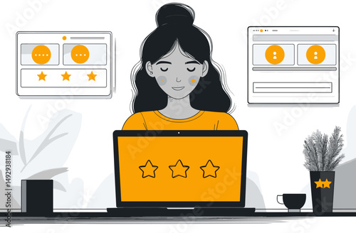 Digital interface Feedback: A user gives her feedback on digital platform, the image portrays a person engrossed in giving reviews.