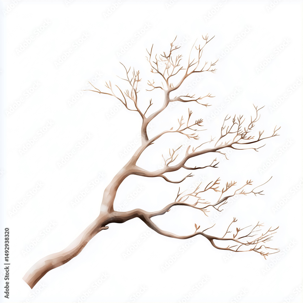 Fototapeta premium A minimalist depiction of a bare tree branch, showcasing intricate details against a white background.