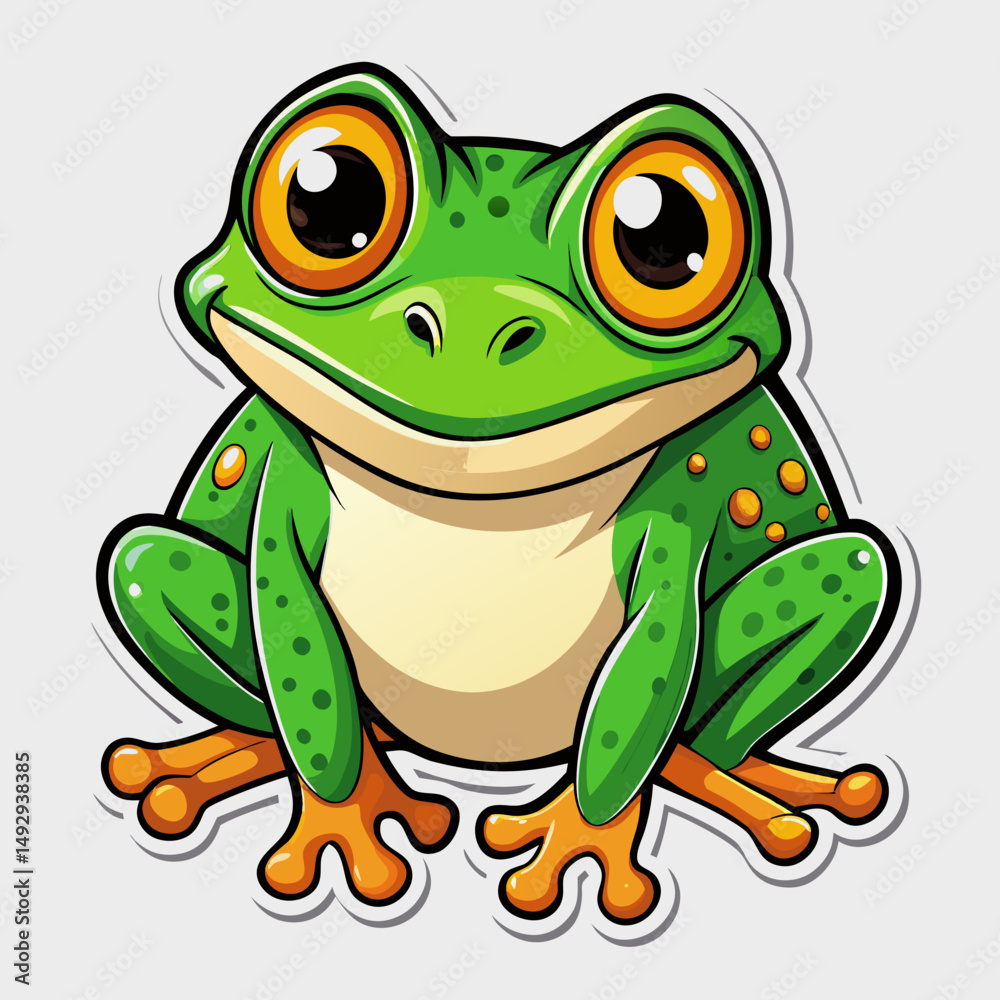 Obraz premium frog, cartoon, animal, green, vector, toad, amphibian, illustration, cute, funny, nature, isolated, wildlife, art, character, dinosaur, drawing, comic, smile, happy, sitting, dragon, fun, eye, white