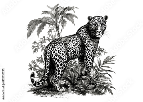 Leopard Engraved in Jungle Scene, Black Sketch, Vintage Wildlife Art, Hand-drawn Animal Print, Rustic Nature Drawing, Trendy Animal Wall Decor