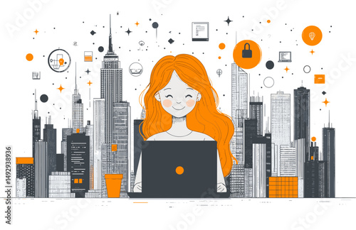Creative woman with Laptop in Cityscape: A creative woman with flowing hair works on her laptop, blending creativity and innovation against a backdrop of a modern cityscape and digital icons.