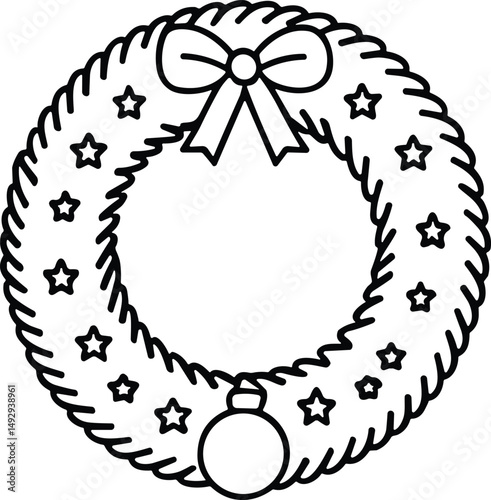 Christmas Wreath with Bow – Festive Line Art Vector Illustration
