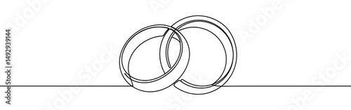 Wedding rings continuous one line drawing. Hand drawn proposal engagement and love marriage concept.