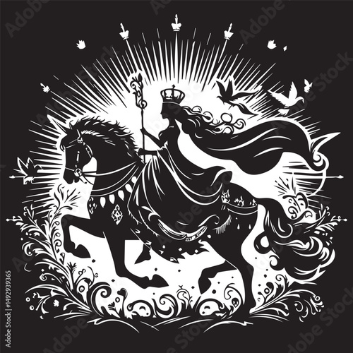 silhouette of a princess riding a horse, editable vector image