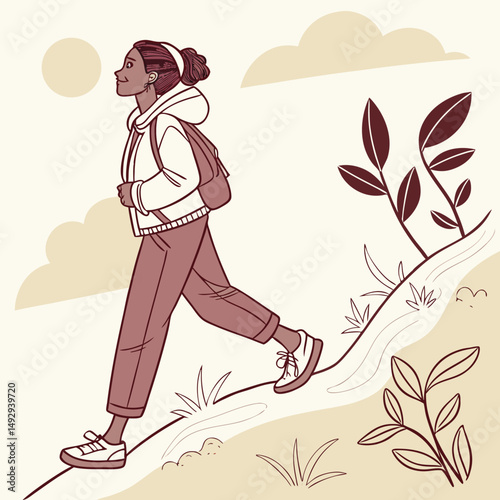 Stylized Illustration of a Woman Hiking Up a Hill Under the Sun