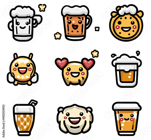 Emoticons for Drinks: A delightful collection of vibrant emoticons brings a playful perspective to a variety of refreshing beverages, showcasing creative illustrative and adorable character design.